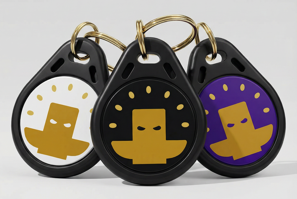 Three black keychains with gold and purple designs on a white background used to lock in with Totem Focus.